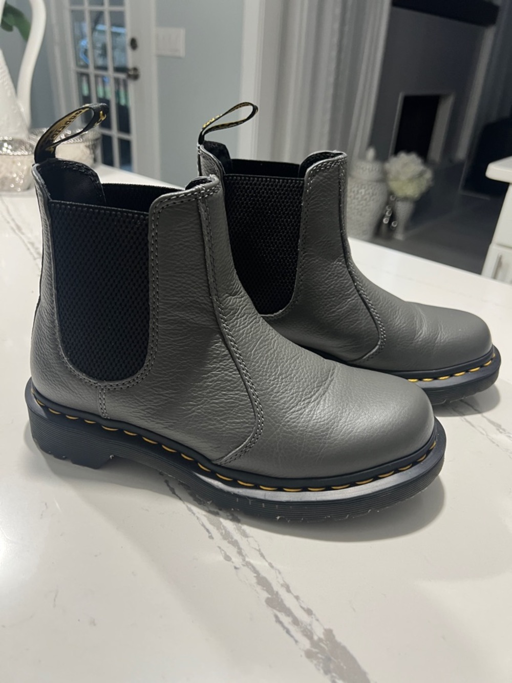 Dr. Martens Women’s Gray Virginia Chelsea Ankle Boots Yellow Stitching size 6
